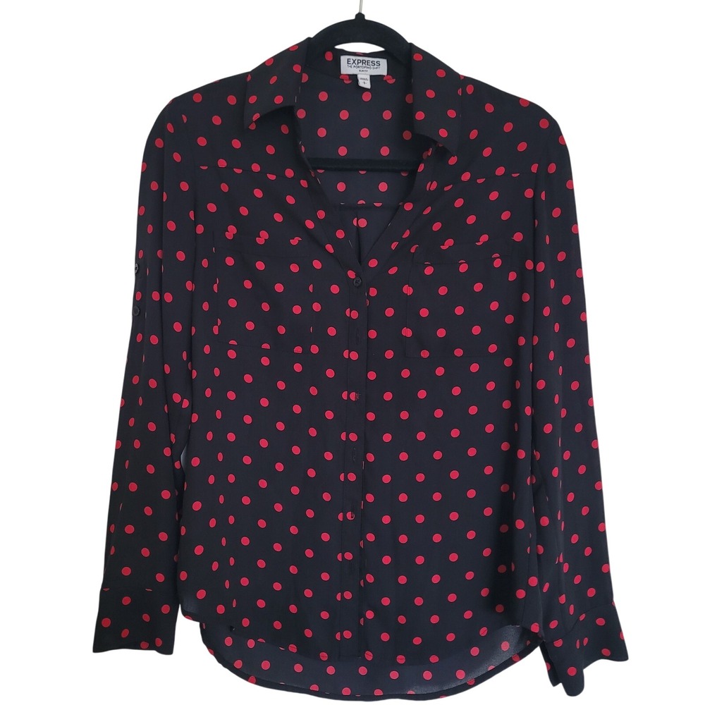 Express Polka Dot Button-Up Slim Fit Blouse S Black Red Collared Long Sleeve